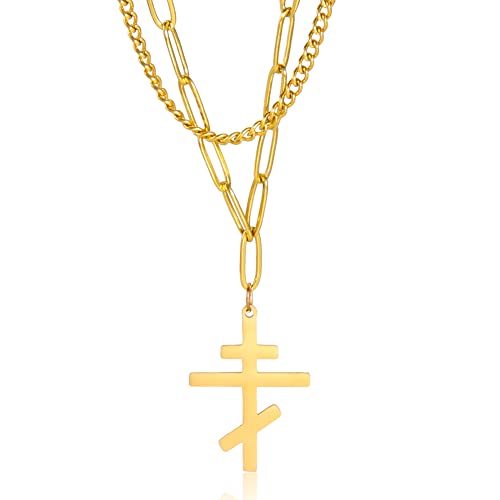 EUEAVAN Frauen zierliche doppelschichtige Edelstahl-Halskette, orthodoxe Kreuz-Anhänger-Halskette klassisches Kreuz russisch-orthodoxer Amulett-Schmuck religiöse Halskette (gold) von EUEAVAN