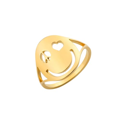 EUEAVAN Friedenszeichen Ring für Frauen Smiley Face Hippie Ring Weltfriedenszeichen Lächeln Zappelring Smiley Face Eternity Happy Jewelry Gifts School Class Graduation Ring für Männer (gold, 8) von EUEAVAN