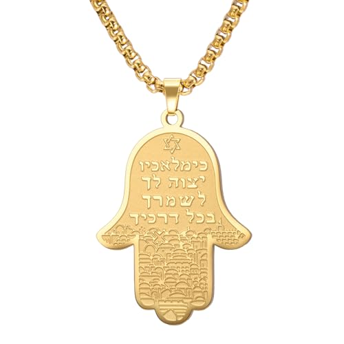 Hamsa Hand der Fatima Halskette für Frauen Hebräischer Segensanhänger Jüdischer Davidstern Halskette Israel Allah Judentum Religiöser Schmuck Islamisches Amulett für Männer (Buchstabenkette gold) von EUEAVAN