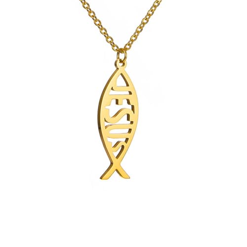 EUEAVAN Ichthus Halskette für Frauen Christliche Jesus Fisch Halskette Christus Fisch Kreuz Ichthys Anhänger Halskette Ichthus Fisch Religiöses Symbol Christlicher Schmuck Geschenk (Jesus Fisch Gold) von EUEAVAN