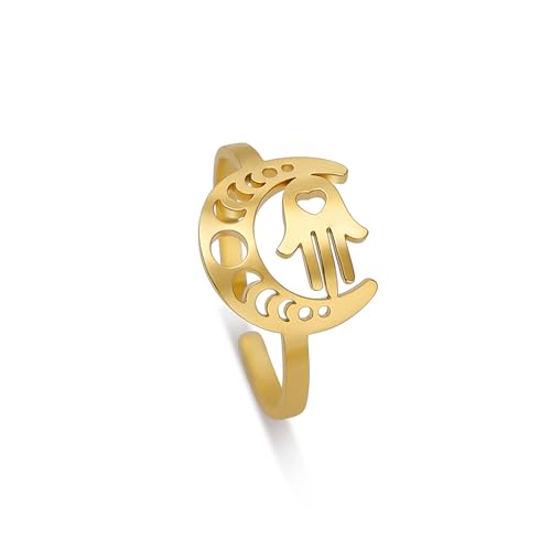 EUEAVAN Jüdische Chai Ringe Hebräische Buchstaben Anhänger Mondsichel Ringe Symbole des Lebens Klassischer Jüdischer Chai Jüdisch Inspirierter Schmuck für Frauen Verstellbar (Hamsa Hand ring gold) von EUEAVAN