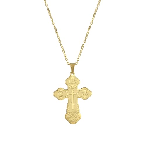 Orthodoxes Kreuz Anhänger Halskette Edelstahl Klassisches Kreuz Anhänger Halskette Russisch-Orthodoxer Amulett-Schmuck Religiöse Halskette (Orthodoxes Kreuz Halskette gold) von EUEAVAN