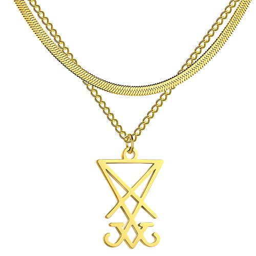 EUEAVAN Sigil of Lucifer Anhänger Halskette Edelstahl Satanisches Symbol Anhänger Halskette Siegel des Satans Luzifer Anhänger Pagan Wiccan Schmuck Religiöse Halskette (Gold) von EUEAVAN