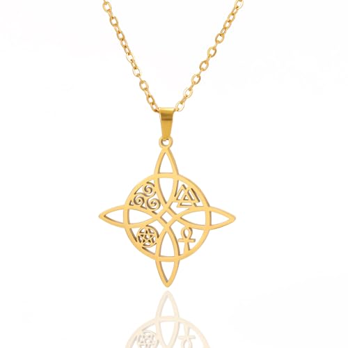 Hexenknoten Halskette für Frauen Mädchen Irischer Keltischer Knoten Trinity Pentagramm Ankh Kreuz Triquetra Trinity Knoten Wikinger Halskette Amulett Wiccan Schmuck Geschenk (Hexenknoten gold) von EUEAVAN