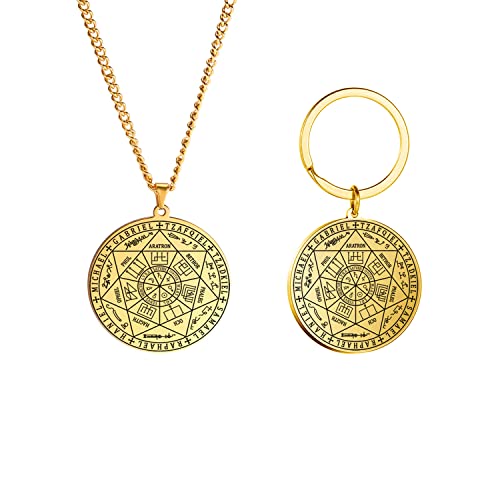 Siegel der 7 Erzengel Anhänger Halskette Schlüsselanhänger für Männer St. Michael 7 Erzengel Siegel spiritueller Schutz Amulett Medaille heidnischer Schmuck Frauen (Halskette + Schlüsselanhänger gold) von EUEAVAN