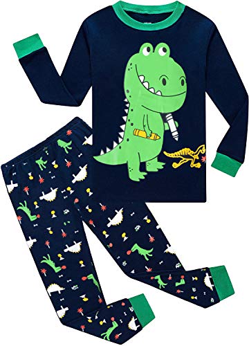 EULLA Kinder Jungen Schlafanzug Langarm Baumwolle Winter Pyjama Set Dinosaurier Zweiteiliger Nachtwäsche 6 Jahre alt Größe 116 D-Dunkelblau Dinosaurier DE 116 von EULLA