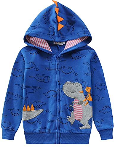 EULLA Kinder Jungen Zip Up Hoodie Sweatjacke Kapuzenjacke Dino Kapuzenpullover Langarm Baumwolle Pullover Hoody Sweatshirt mit Reißverschluss 2# Blau Dinosaurier DE 104 von EULLA