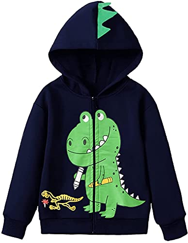 EULLA Kinder Jungen Zip Up Hoodie Sweatjacke Kapuzenjacke Dino Kapuzenpullover Langarm Baumwolle Pullover Hoody Sweatshirt mit Reißverschluss 1# Dunkelblau Dinosaurier DE 98 von EULLA