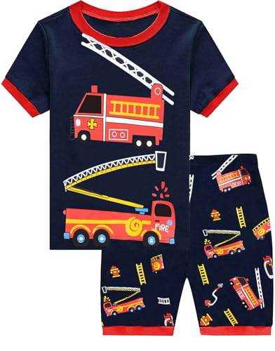 EULLA Kinder Jungen Schlafanzug Kurzarm Sommer Shorty Pyjama Set Feuerwehrwagen Zweiteiliger Nachtwäsche Baumwolle Größe 4 Jahre alt 1# Dunkelblau Feuerwehrwagen DE 104 von EULLA