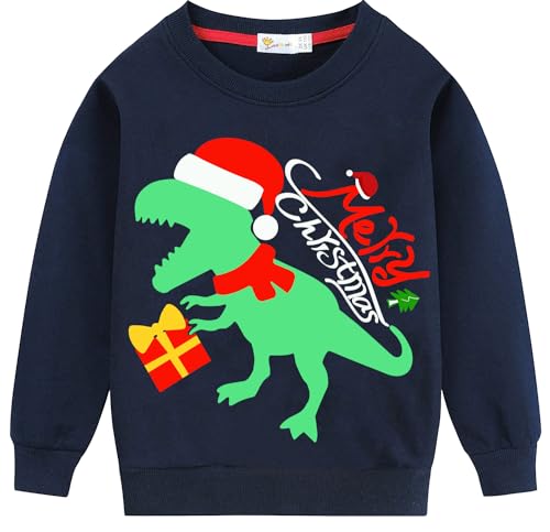 EULLA Kinder Jungen Mädchen Weihnacht Pullover Sweatshirt Weihnachtsoutfit Weihnachtspuli Baumwolle Christmas Xmas Dinosaurier Weihnachtskleidung Gr.122/128 7 Jahre 7# Dunkelblau Dinosaurier DE 122 von EULLA