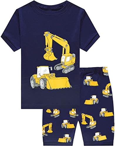 EULLA Kinder Jungen Schlafanzug Kurzarm Sommer Shorty Pyjama Set Bagger Zweiteiliger Nachtwäsche Baumwolle Größe 5 Jahre alt 2# Dunkelblau Bagger DE 110 von EULLA