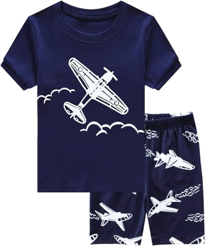 EULLA Kinder Jungen Schlafanzug Kurzarm Sommer Shorty Pyjama Set Glow in The Dark Flugzeug Zweiteiliger Nachtwäsche Baumwolle Größe 3 Jahre alt 5-1# Dunkelblau Glow in The Dark Flugzeug DE 98 von EULLA