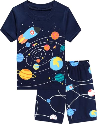 EULLA Kinder Jungen Schlafanzug Kurzarm Sommer Shorty Pyjama Set Weltraum Raumfahrt Zweiteiliger Nachtwäsche Baumwolle Größe 6 Jahre alt 3# Dunkelblau Weltraum Raumfahrt DE 116 von EULLA