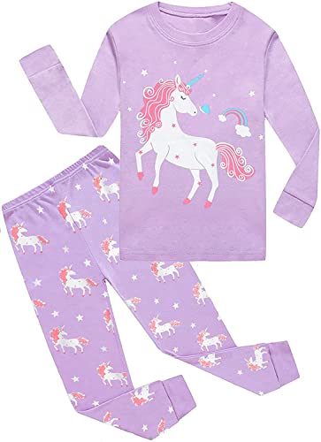 EULLA Kinder Mädchen Schlafanzüge Langarm Baumwolle Winter Pyjama Set Einhorn Zweiteilig Nachtwäsche 3 Jahre alt E-Lila Einhorn DE 98 von EULLA