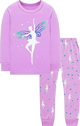 EULLA Kinder Mädchen Schlafanzüge Winter Pyjama Set Glow in The Dark Prinzessin Ballerina Langarm Baumwolle Zweiteilig Nachtwäsche 2 Jahre alt 2# Lila Glow in The Dark Prinzessin DE 92 von EULLA