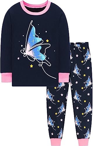 EULLA Kinder Mädchen Schlafanzüge Winter Pyjama Set Glow in The Dark Schmetterling Langarm Baumwolle Zweiteilig Nachtwäsche 4 Jahre alt 1# Dunkelblau Glow in The Dark Schmetterling DE 104 von EULLA