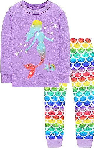 EULLA Kinder Mädchen Schlafanzüge Winter Pyjama Set Meerjungfrau Langarm Baumwolle Zweiteilig Nachtwäsche 3 Jahre alt 3# Lila Meerjungfrau DE 98 von EULLA