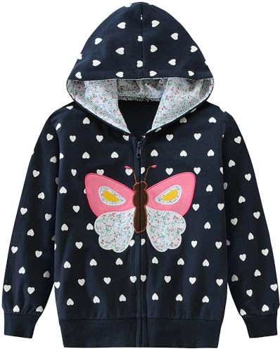 EULLA Kinder Mädchen Zip Up Hoodie Sweatjacke Kapuzenjacke Kapuzenpullover Langarm Baumwolle Dunkelblau Schmetterling Pullover Hoody Sweatshirt mit Reißverschluss 7# Dunkelblau Schmetterling DE 116 von EULLA