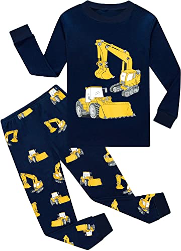 EULLA Kinder Jungen Schlafanzug Langarm Baumwolle Winter Pyjama Set Bagger Zweiteiliger Nachtwäsche 7 Jahre alt Größe 122 A-Dunkelblau Bagger DE 122 von EULLA