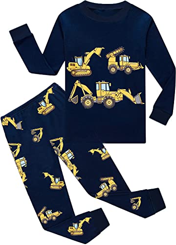 EULLA Kinder Jungen Schlafanzug Langarm Baumwolle Winter Pyjama Set Bagger Zweiteiliger Nachtwäsche 6 Jahre alt Größe 116 F-Dunkelblau Bagger DE 116 von EULLA