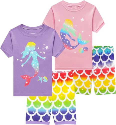 EULLA Kinder Schlafanzug Mädchen Kurz Sommer Pyjamas Set Ostern Meerjungfrau Shorty Zweiteilig Nachtwäsche Baumwolle Größe 5 Jahre alt 9-1# 2er Pack Rosa Lila Meerjungfrau Set DE 110 von EULLA