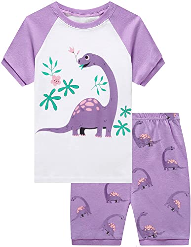 EULLA Kinder Schlafanzug Mädchen Kurz Sommer Pyjamas Set Dinosaurier Shorty Zweiteilig Nachtwäsche Baumwolle Größe 3 Jahre alt 5# Lila Dinosaurier DE 98 von EULLA