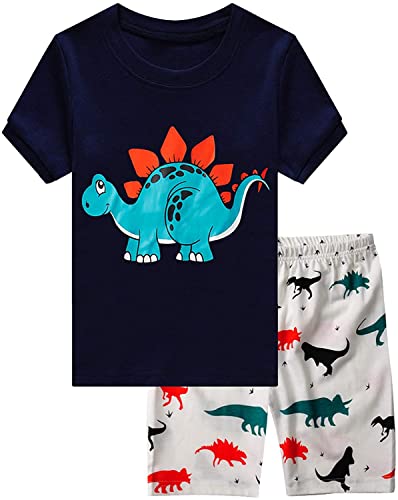 EULLA Kinder Jungen Schlafanzug Kurzarm Sommer Shorty Pyjama Set Dinosaurier Zweiteiliger Nachtwäsche Baumwolle Größe 6 Jahre alt 1# Dunkelblau Dinosaurier DE 116 von EULLA