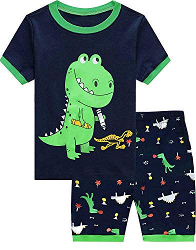 EULLA Kinder Jungen Schlafanzug Kurzarm Sommer Shorty Pyjama Set Dinosaurier Zweiteiliger Nachtwäsche Baumwolle Größe 4 Jahre alt 3# Dunkelblau Dinosaurier DE 104 von EULLA