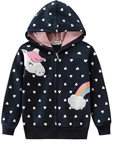 EULLA Kinder Mädchen Zip Up Hoodie Sweatjacke Kapuzenjacke Kapuzenpullover Langarm Baumwolle Einhorn Regenbogen Pullover Hoody Sweatshirt mit Reißverschluss 2# Dunkelblau Einhorn Regenbogen DE 110 von EULLA