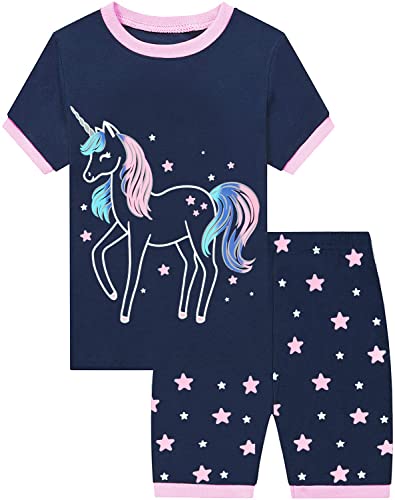 EULLA Mädchen Schlafanzug Kurz Glow in The Dark Einhorn Shorty Pyjama Set Kinder Sommer Zweiteiliger Nachtwäsche Baumwolle Größe 2 Jahre alt 1# Dunkelblau Glow in The Dark Einhorn DE 92 von EULLA