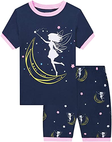 EULLA Mädchen Schlafanzug Kurz Glow in The Dark Prinzessin Shorty Pyjama Set Kinder Sommer Zweiteiliger Nachtwäsche Baumwolle Größe 3 Jahre alt 2# Dunkelblau Glow in The Dark Prinzessin DE 98 von EULLA