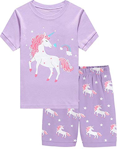 EULLA Kinder Schlafanzug Mädchen Kurz Sommer Pyjamas Set Einhorn Shorty Zweiteilig Nachtwäsche Baumwolle Größe 6 Jahre alt 3# Lila Einhorn DE 116 von EULLA