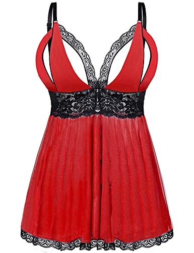EVELIFE Damen Übergröße Dessous Set Spitze Sexy Chemise Nachtwäsche Babydoll Kleid mit G-String(Rot M) von EVELIFE