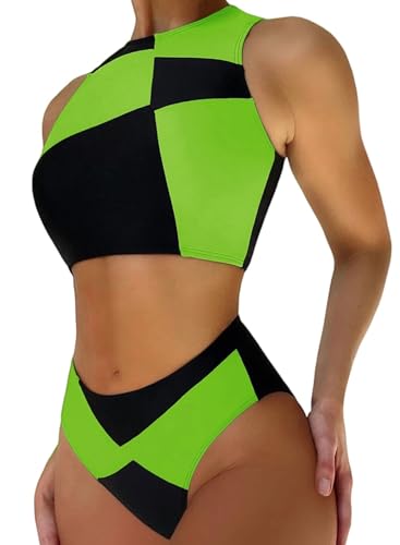 Damen Colorblock Shego Kostüm – Rave-Outfit Badeanzüge High Neck Crop Top High Waist Bottom Cosplay Bikini Sets, Schwarz Grün, Medium von EVELUST