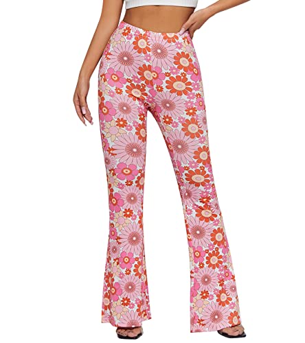 EVELUST 70er Jahre Schlaghose Für Damen – Boho 60er Hose Hippie Blumen High Waist Outfit Disco Kostüm Yogahose Leggings(Pink, S, 10501w) von EVELUST