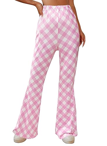 EVELUST 70er Jahre Schlaghose Für Damen – Boho 60er Hose Hippie Blumen High Waist Outfit Disco Kostüm Yogahose Leggings(PinkPlaid, XL, 10501w) von EVELUST