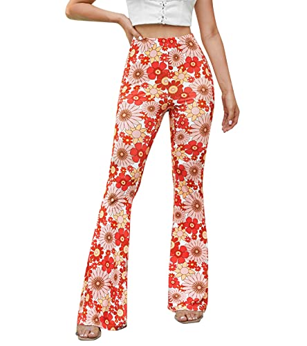 EVELUST 70er Jahre Schlaghose Für Damen – Boho 60er Hose Hippie Blumen High Waist Outfit Disco Kostüm Yogahose Leggings(Red, XL, 10501w) von EVELUST