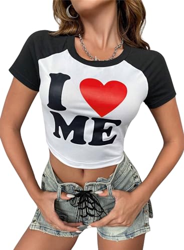 EVELUST Y2k Crop Tops für Frauen – ""I Love Heart"" Grafik-T-Shirt Fee Grunge Teen Mädchen Outfits Sommer süße Kleidung Baby T-Shirts, Weiß, Schwarz, Groß von EVELUST