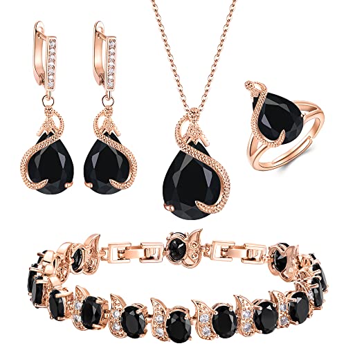 EVER FAITH 4 Stück Tropfen Cubic Zirconia Schmuck Set Glamour Anhänger Halskette Ohrringe Tennis Armband und Offener Ring Set für Damen Hochzeit Party Schwarz Rose Gold-Tone von EVER FAITH