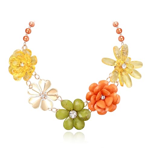 EVER FAITH 5 Blumen Choker Halskette für Damen Vintage Boho Floral Flower Chunky Bib Kragen Halskette Blumenschmuck Orange von EVER FAITH