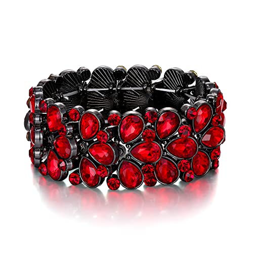 EVER FAITH Armband Art Deco Schmuck für den Abschlussball, rundes österreichisches Kristall 3 lagiges Teardrop Stretch Armkette für Damen Rot Schwarz-Ton von EVER FAITH