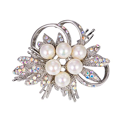 EVER FAITH Braut Brosche Elegant für Hochzeit Strass Kristall simulierte Perle Blumen Blatt Brosche Pin für Damen Mädchen Schillernd Klar AB von EVER FAITH