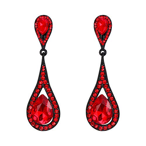 EVER FAITH Damen Ohrclips Österreich Kristall Hochzeit Braut 2 Teardrop Clip-on Ohrringe baumeln Rot Schwarz -Ton von EVER FAITH