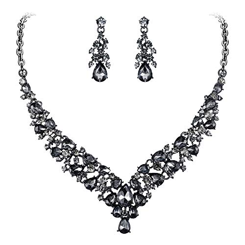 EVER FAITH Damen Schmuckset Schmuckset Kristall Hochzeit Braut Teardrop ClusterNecklace Ohrringe Schmuck Set Grau Schwarz-Ton von EVER FAITH