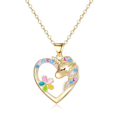 EVER FAITH Einhorn Geschenke für Mädchen 14K Gold plattiert Zirkonia Herz Unicorn Halskette mit mehrfarbigen Blume niedlich Einhorn Anhänger Halskette Geburtstag Geschenke von EVER FAITH