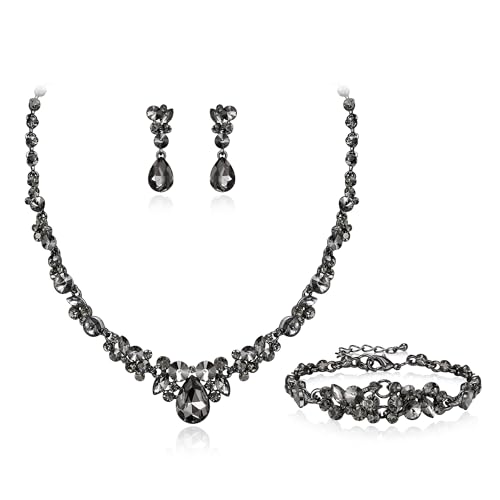 EVER FAITH Hochzeit Kristall-Schmuck-Sets für Glamour Teardrop Strass Halskette Dangle Ohrringe Armband-Sets für Damen Grau Schwarz-Ton von EVER FAITH