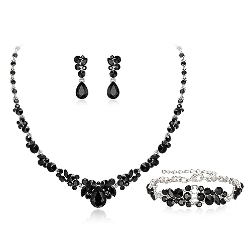 EVER FAITH Hochzeit Kristall-Schmuck-Sets für Glamour Teardrop Strass Halskette Dangle Ohrringe Armband-Sets für Damen Schwarz Silber-Ton von EVER FAITH