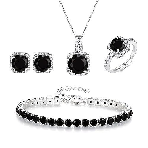 EVER FAITH Hochzeit Quadrat Cubic Zirkonia Schmuck Sets für Braut Brautjungfer, Glamour Anhänger Halskette Ohrringe Tennis Armband Offene Ring Sets für Damen Schwarz Silber-Ton von EVER FAITH