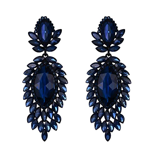 EVER FAITH Ohrringe Österreichisches Kristall Braut Modeschmuck Marquise Tropfen Art Deco Kronleuchter lange Ohrstecker Blau Schwarz-Tone von EVER FAITH