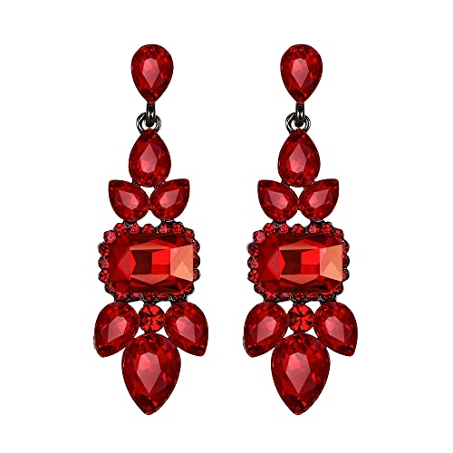 EVER FAITH Ohrringe Strass Kristall Art Deco Vintage Stil Kronleuchter-Tropfen lange Ohrstecker für Damen Rot Schwarz-Ton Gold-Ton von EVER FAITH